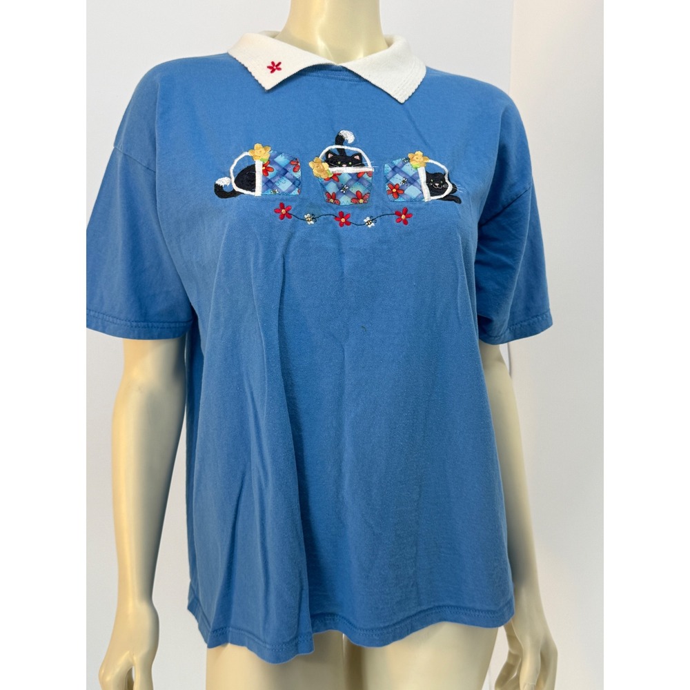 Vintage 80s Embroidered Kitten Patchwork Cotton Top Boxy Blue Made in USA XL